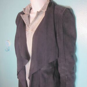 BCBG Womens Size S Navy Blue Leather Coat Draped Layered Waterfall Front Jacket